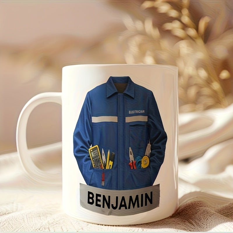 Tailorly White Ceramic 11 oz Mug - Benjamin Detailed Blue Industrial Workwear Set With Essential Hand Tools Jacket