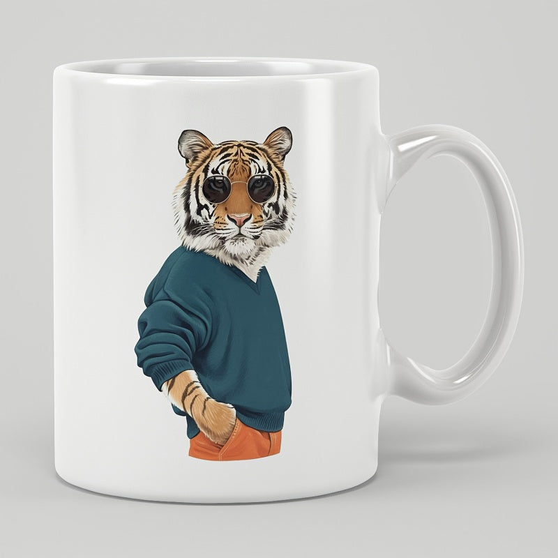 Tailorly White Ceramic 11 oz Mug - Stylish Anthropomorphic Tiger Wearing A Blue Sweater And Dark Sunglasses Tiger