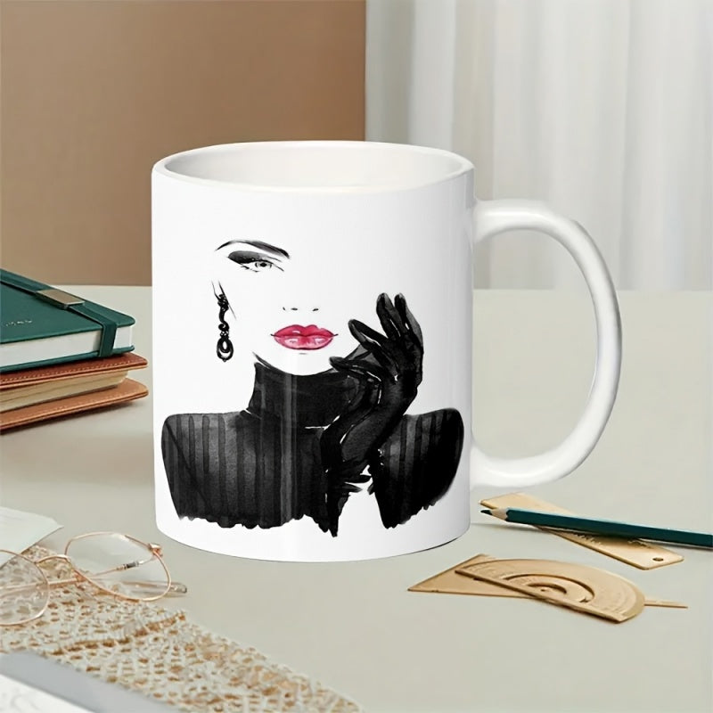 Tailorly White Ceramic 11 oz Mug - Stylish Fashion Woman With Red Lips Wearing Black Gloves Elegant Portrait