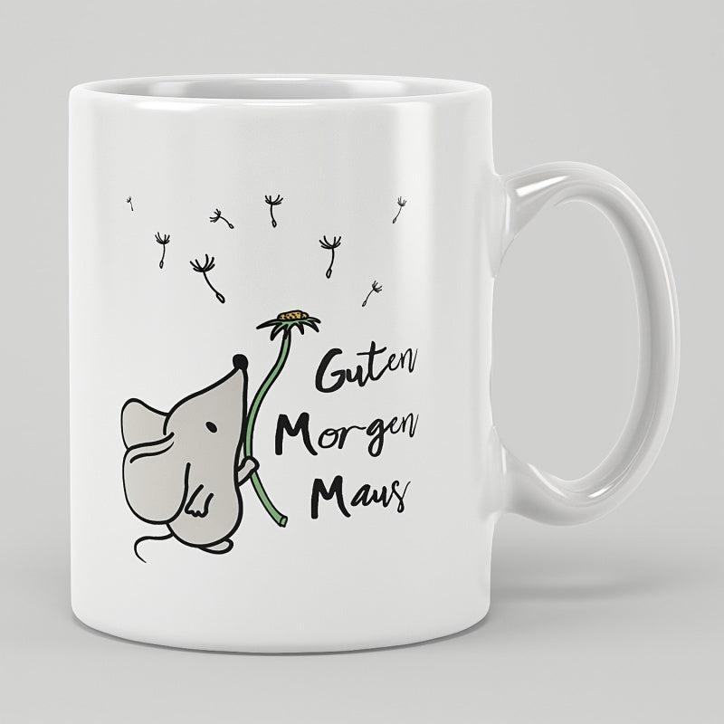 Tailorly White Ceramic 11 oz Mug - Hand Drawn Small Grey Creature Holding A Dandelion Stem Under Flying Seeds Mouse