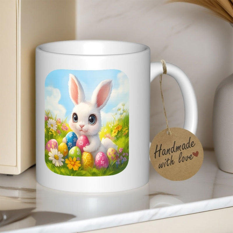 Tailorly White Ceramic 11 oz Mug - Adorable White Bunny Sitting Among Colorful Eggs In Blooming Spring Meadow Rabbit