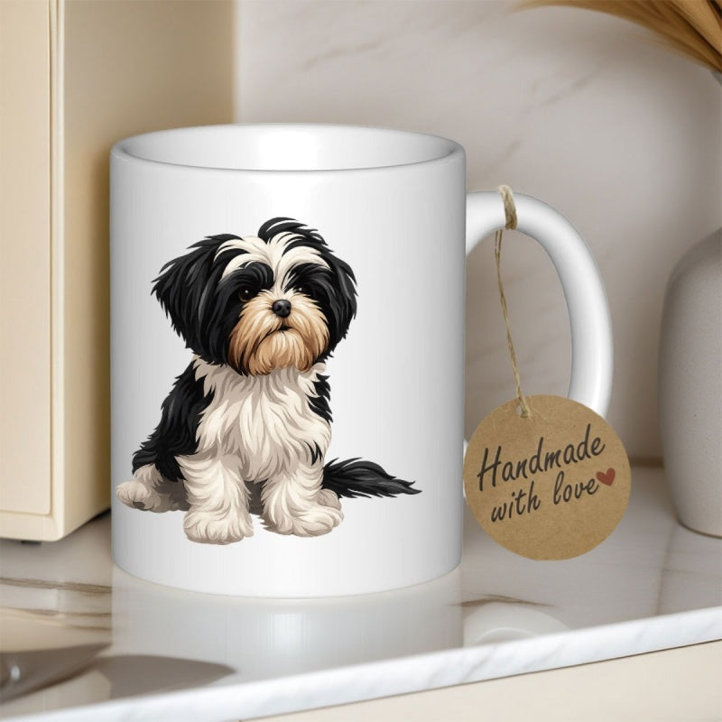 Tailorly White Ceramic 11 oz Mug - Handmade With Love Fluffy Black And White Sitting Calmly With Gentle Eyes Dog