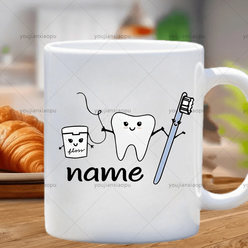 Tailorly White Ceramic 11 oz Mug - Floss Name Cute Smiling Cartoon Dental Characters Including Toothbrush And Small Floss Container Tooth
