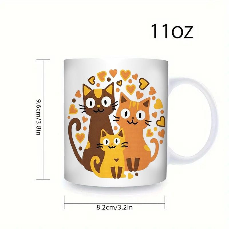Tailorly White Ceramic 11 oz Mug - Adorable Family Of Three Cartoon Kitties Sitting Among Golden Hearts Cat