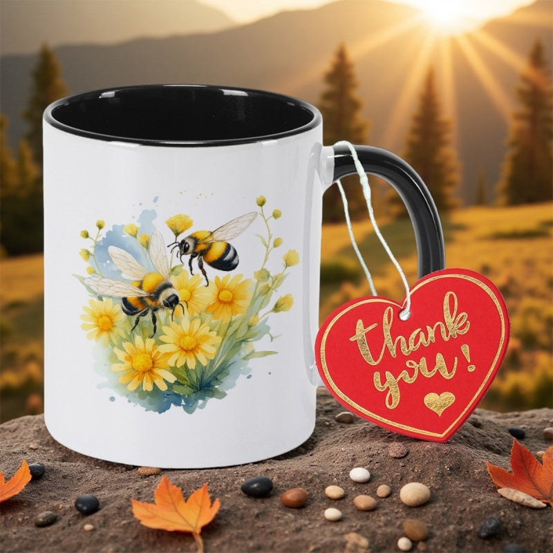 Tailorly Black Accent 11 oz Mug - bees collecting