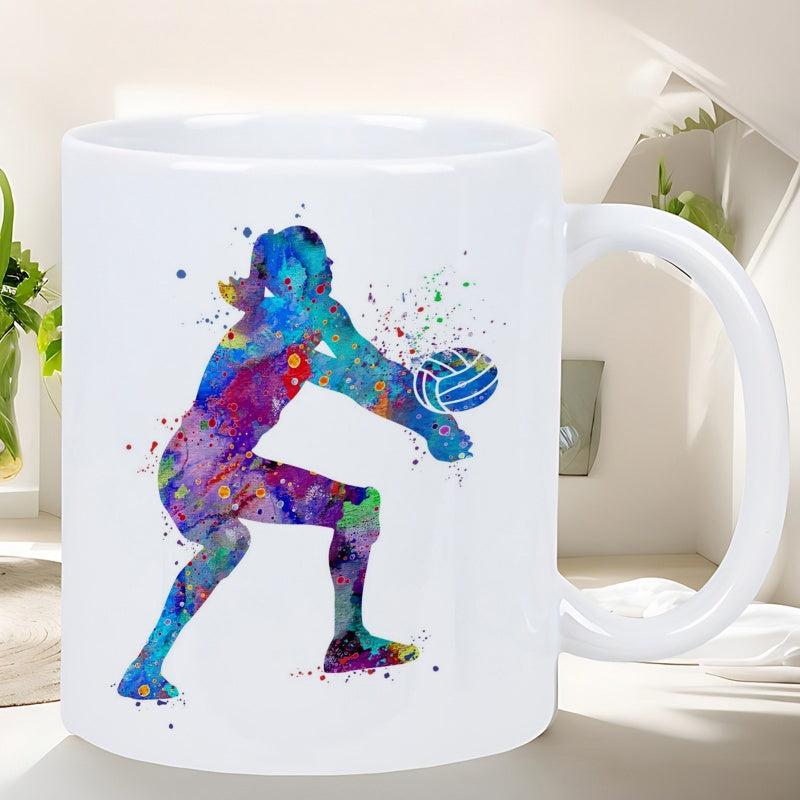 Tailorly White Ceramic 11 oz Mug - Colorful Artistic Watercolor Splatter Silhouette Of Active Female Athlete Hitting Sporty Volleyball Player