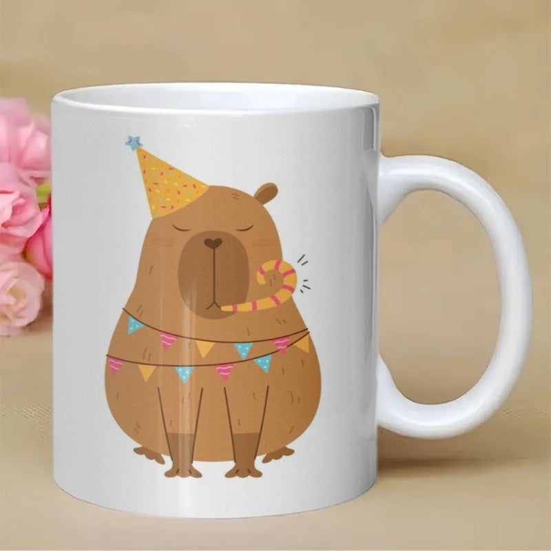 Tailorly White Ceramic 11 oz Mug - Adorable Festive Animal Wearing Party Hat And Colorful Bunting Capybara