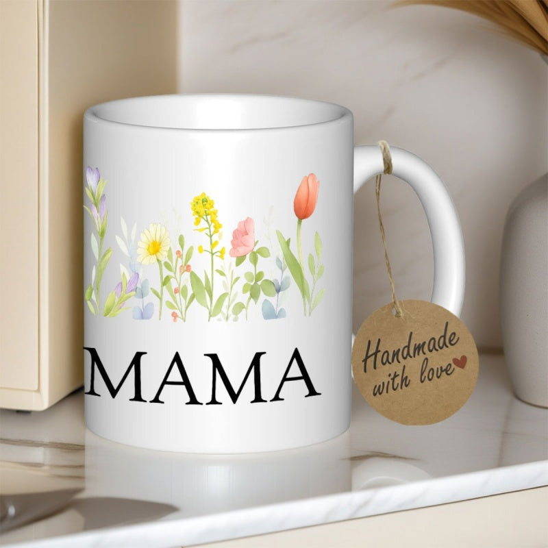 Tailorly White Ceramic 11 oz Mug - Mama Delicate Colorful Spring Wildflowers Blooming Within A Peaceful Green Garden Flower