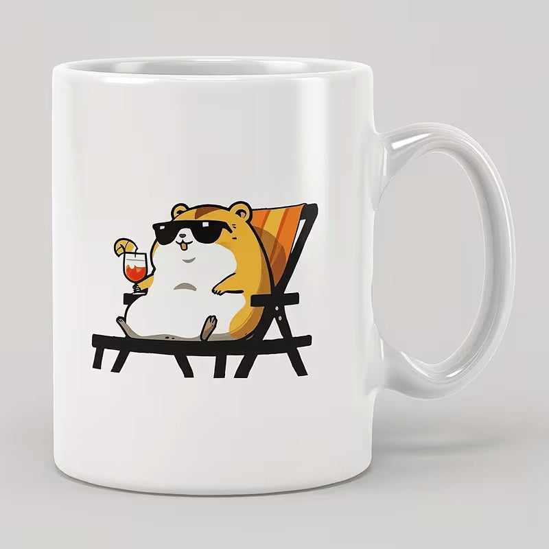 Tailorly White Ceramic 11 oz Mug - Cute Chubby Hamster Wearing Sunglasses Relaxing On A Summer Deck Chair Hamster