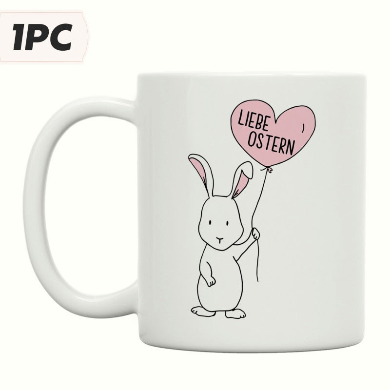 Tailorly White Ceramic 11 oz Mug - Minimalist Hand Drawn Bunny Holding A Pink Floating Heart Shaped Balloon Rabbit