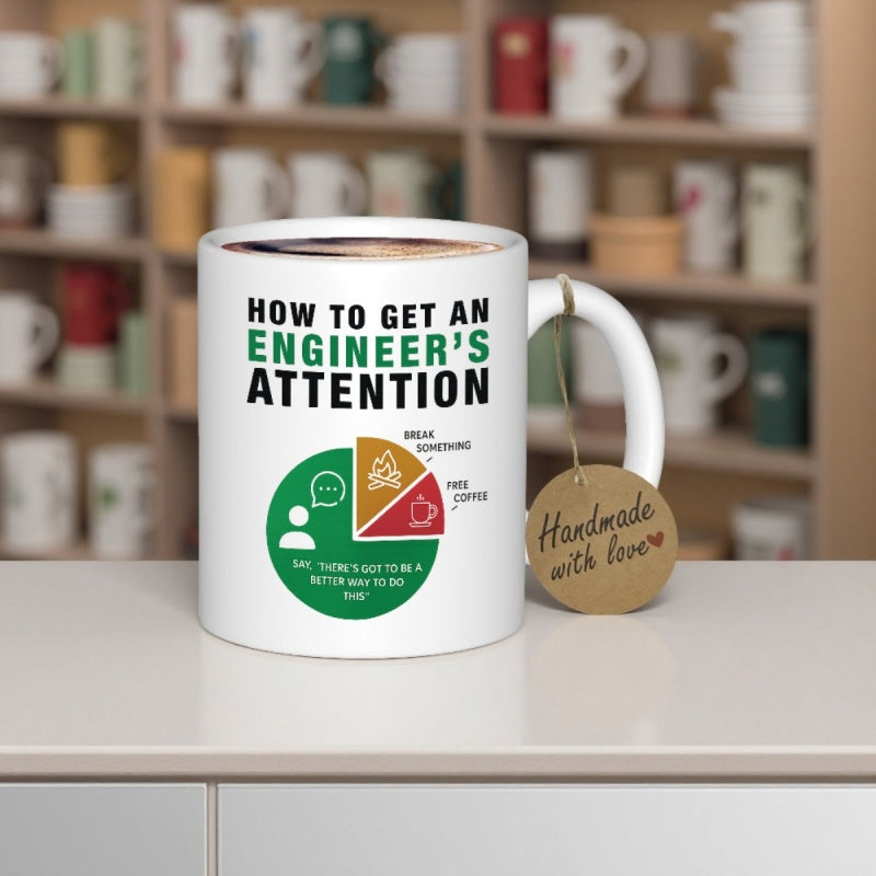 Tailorly White Ceramic 11 oz Mug - How To Get An Engineer's Attention Minimalist Circular Pie Chart Featuring Humorous Engineering Icons Within Colorful Segments