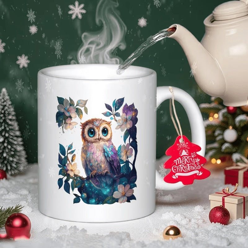 Tailorly White Ceramic 11 oz Mug - Merry Christmas Colorful Enchanting Forest Bird Perched Amidst Soft Blooming Floral Branches Owl