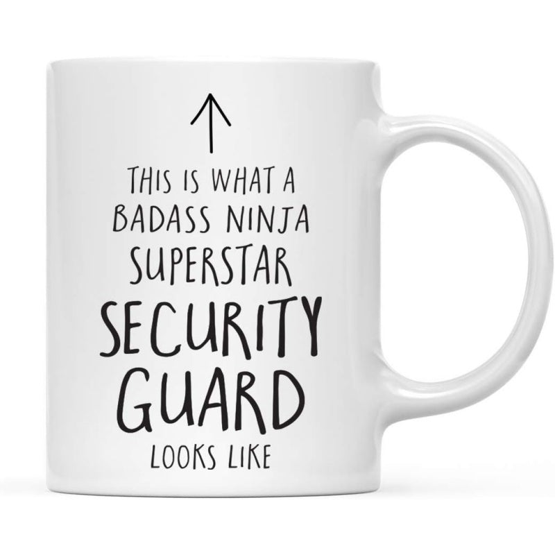 Tailorly White Ceramic 11 oz Mug - This Is What A Badass Ninja Superstar Security Guard Looks Like Minimalist Thin Black Arrow Pointing Upwards Among Simple