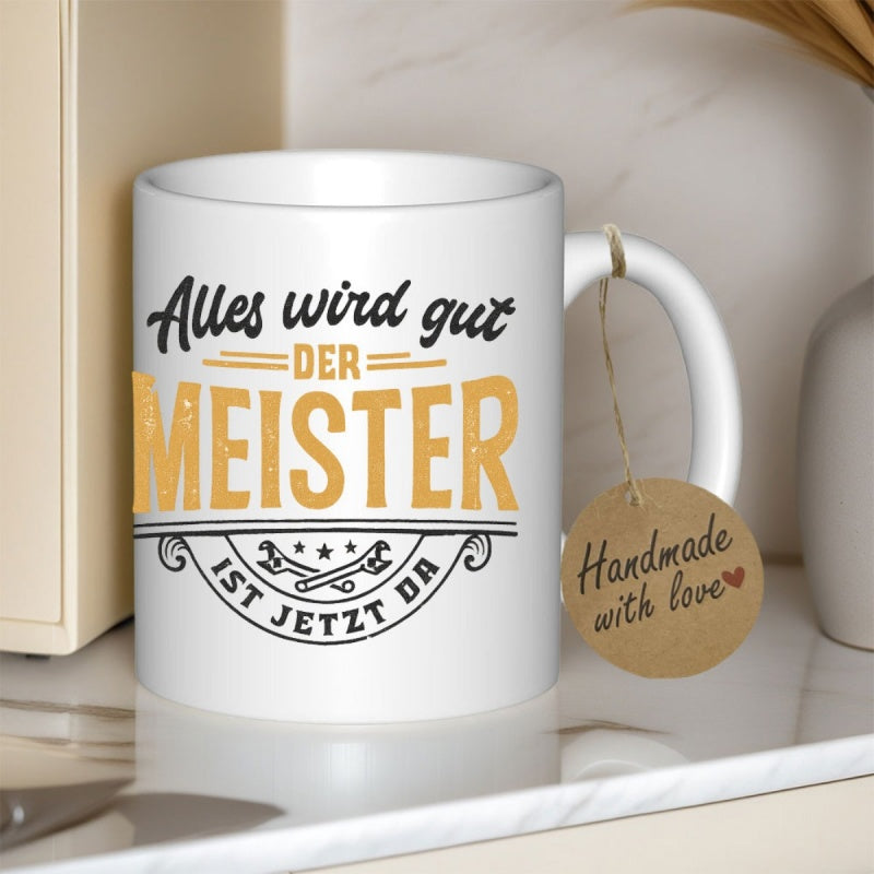 Tailorly White Ceramic 11 oz Mug - Handmade With Love Industrial Style Design Inside Circular Crest Including Stars And Crossed Wrench