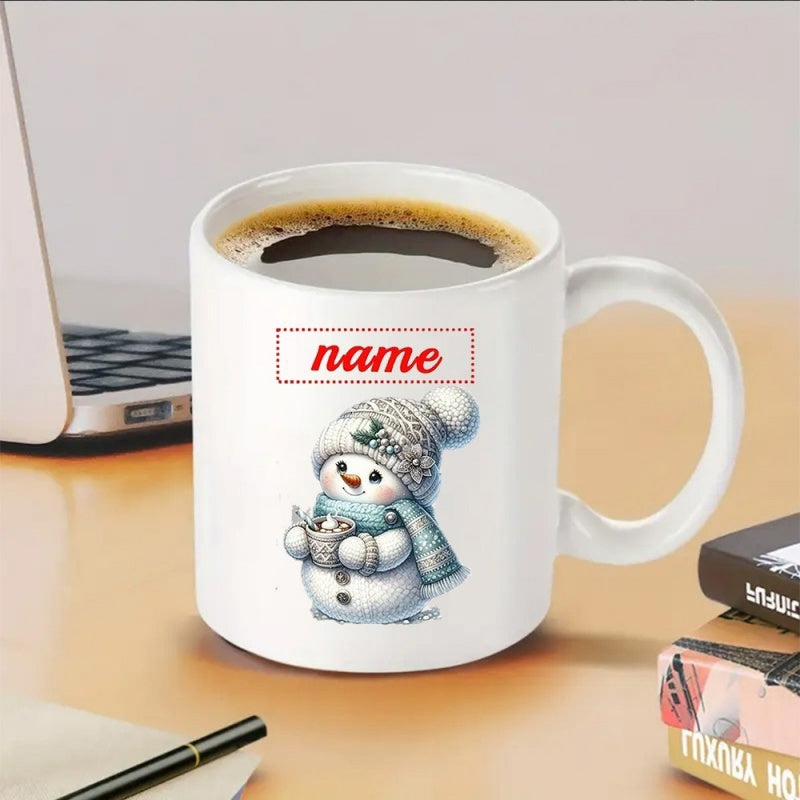 Tailorly White Ceramic 11 oz Mug - Name Adorable Winter Snowman Wearing Knitted Hat And Scarf Holding Cocoa Cup Snowman