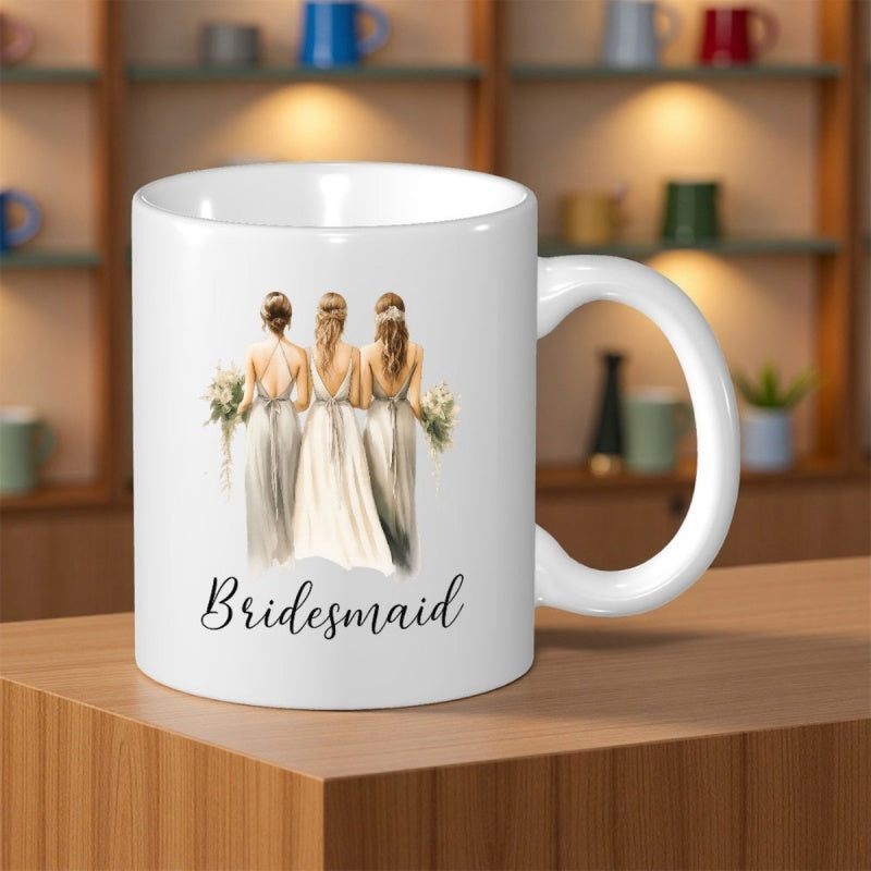 Tailorly White Ceramic 11 oz Mug - Bridesmaid Elegant Ladies In Flowing Dresses Standing Together Carrying Floral Bouquets Art