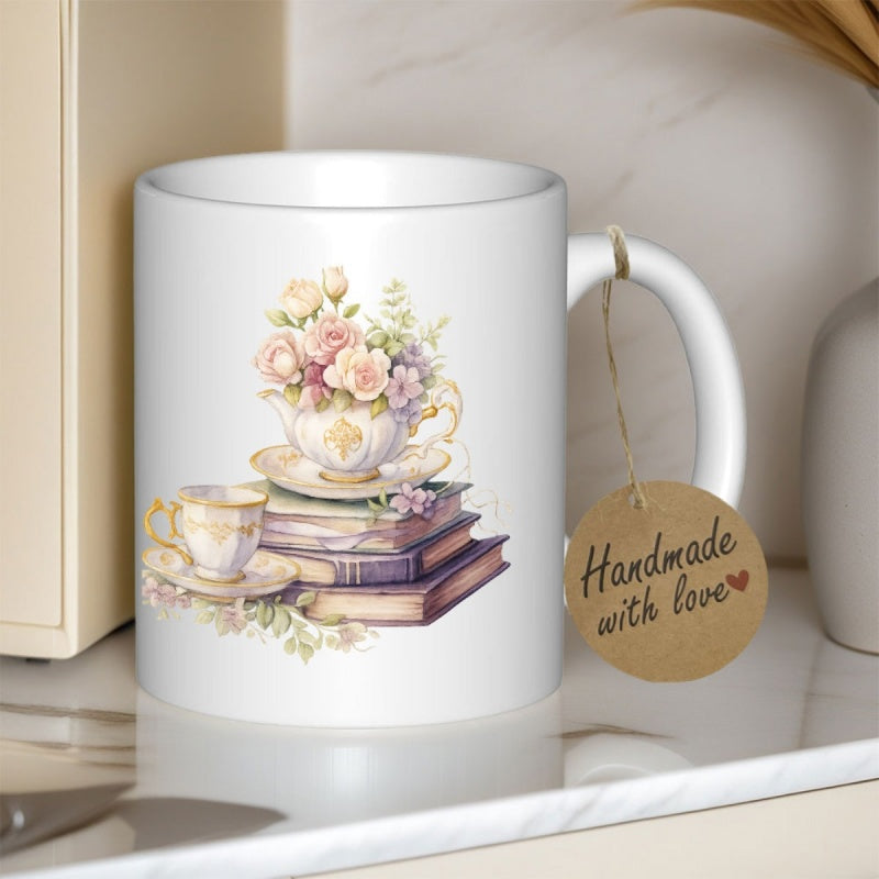Tailorly White Ceramic 11 oz Mug - Handmade With Love Elegant Floral Teapot Resting On Stacked Vintage Books Bouquet