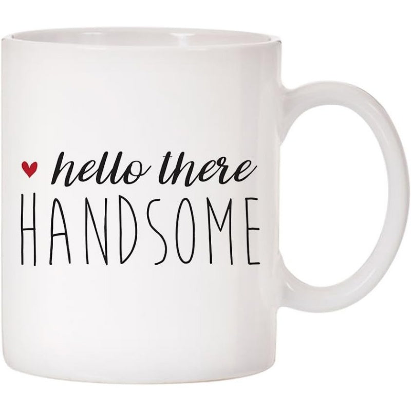 Tailorly White Ceramic 11 oz Mug - Hello There Handsome Sleek Black Script Typography Featuring A Tiny Vibrant Red Heart