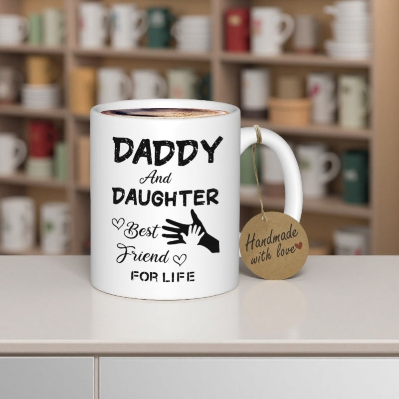 Tailorly White Ceramic 11 oz Mug - Daddy And Daughter Best Friend For Life Silhouette Of Adult And Child Hands Touching With Small Hearts Hands