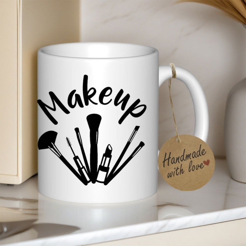 Tailorly White Ceramic 11 oz Mug - Makeup Assorted Cosmetic Brushes Arranged In A Fan Shape Design Brushes