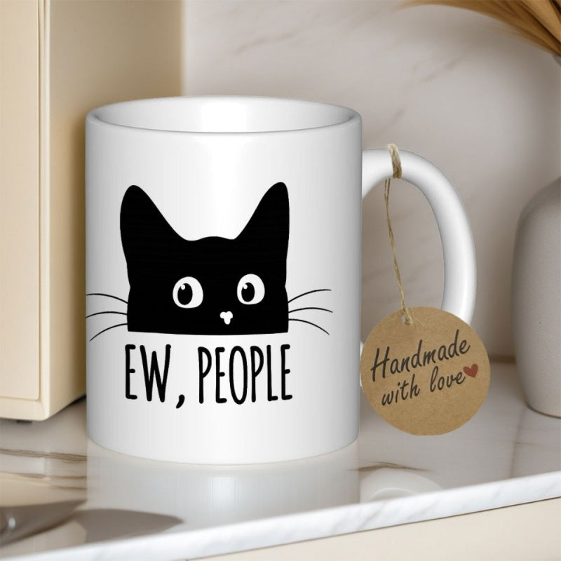 Tailorly White Ceramic 11 oz Mug - Ew People Peeking Minimalist Black Silhouette With Cute Whiskers And Curious Eyes Cat