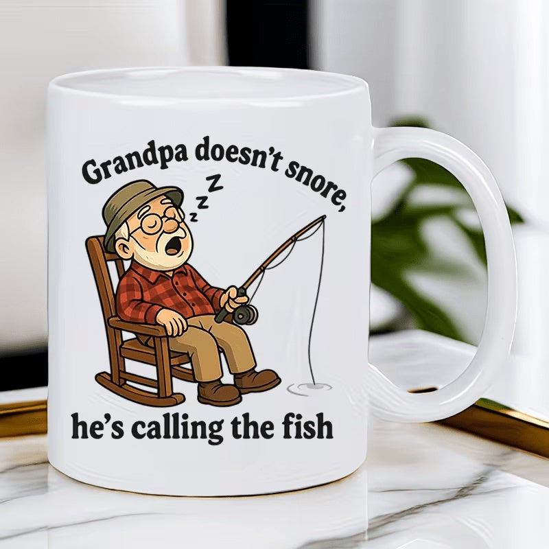 Tailorly White Ceramic 11 oz Mug - Grandpa Doesn't Snore He's Calling The Fish Sleeping Elderly Man In Rocking Chair Holding A Classic Fishing Rod Fisherman