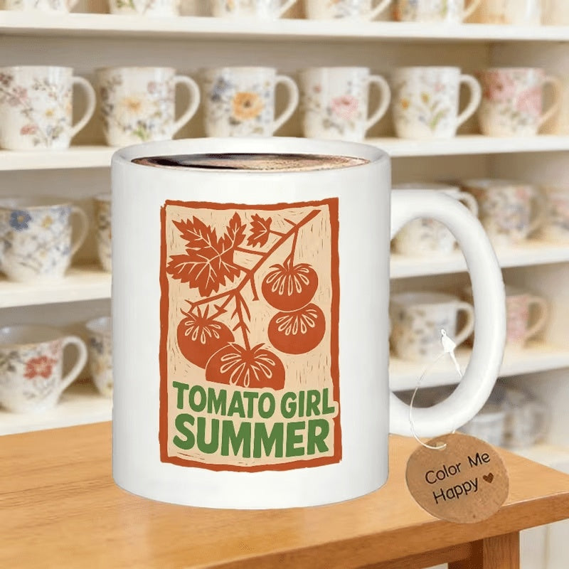 Tailorly White Ceramic 11 oz Mug - Tomato Girl Summer Rustic Block Print Style Growing From A Vine With Green Leaves Tomato