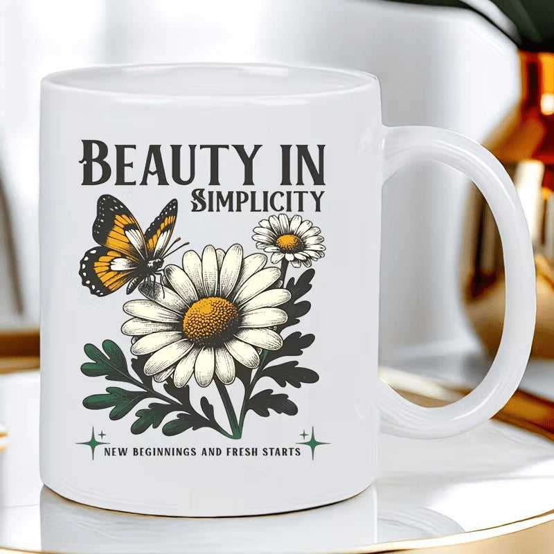 Tailorly White Ceramic 11 oz Mug - Beauty In Simplicity New Beginnings And Fresh Starts Delicate Butterfly Perched Upon A Blooming Daisy Among Lush Leaves Daisy