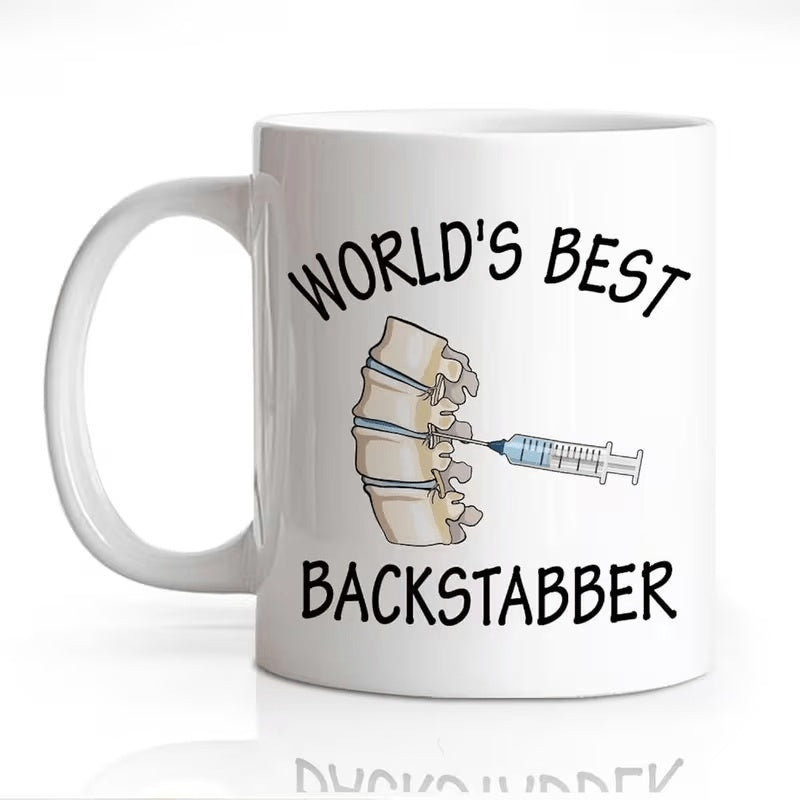 Tailorly White Ceramic 11 oz Mug - Worlds Best Backstabber Anatomical Human Spine Being Pierced By Medical Syringe Tool Spine