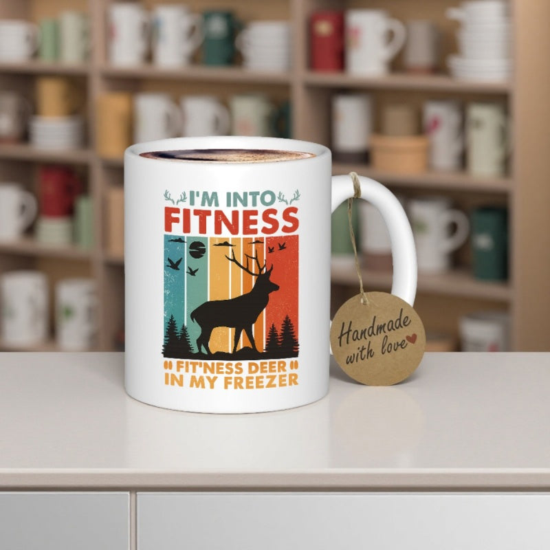 Tailorly White Ceramic 11 oz Mug - Im Into Fitness Fitness Deer In My Freezer Silhouette Of Buck Standing Among Pine Trees Under Colorful Retro Sunset Deer