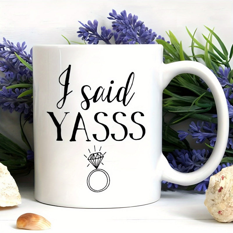 Tailorly White Ceramic 11 oz Mug - I Said YASSS Minimalist Line Drawing Of A Sparkling Diamond Engagement Ring Symbol Ring