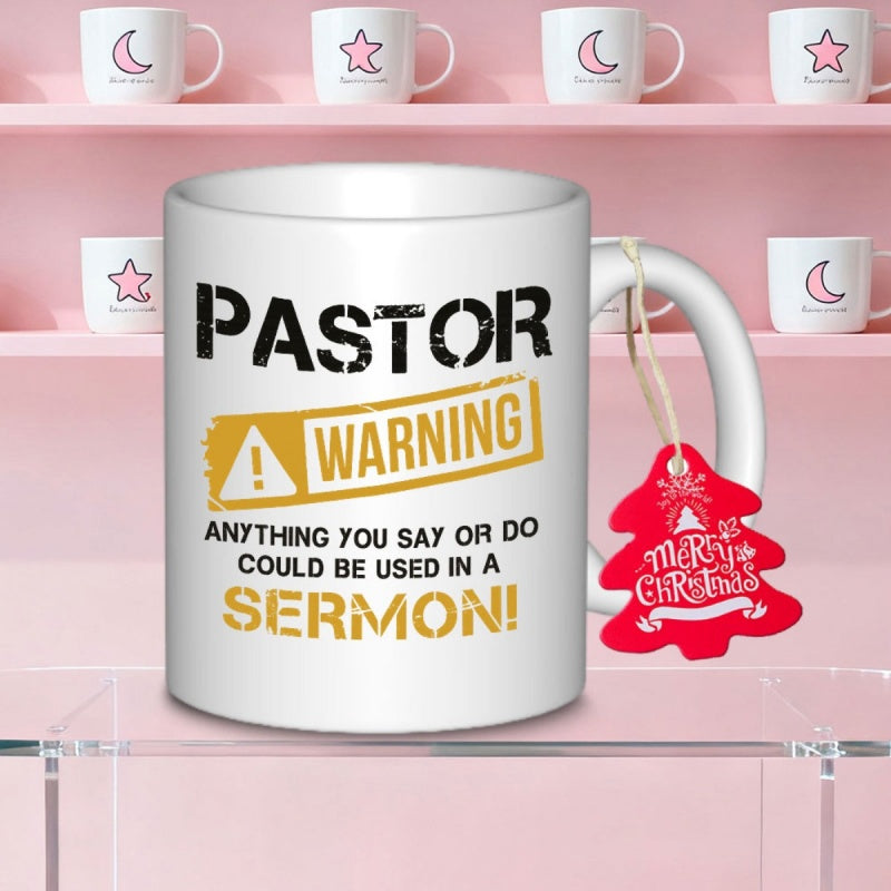 Tailorly White Ceramic 11 oz Mug - Pastor Warning Anything You Say Or Do Could Be Used In A Sermon Industrial Stencil Lettering With Bold Yellow Caution Banner And