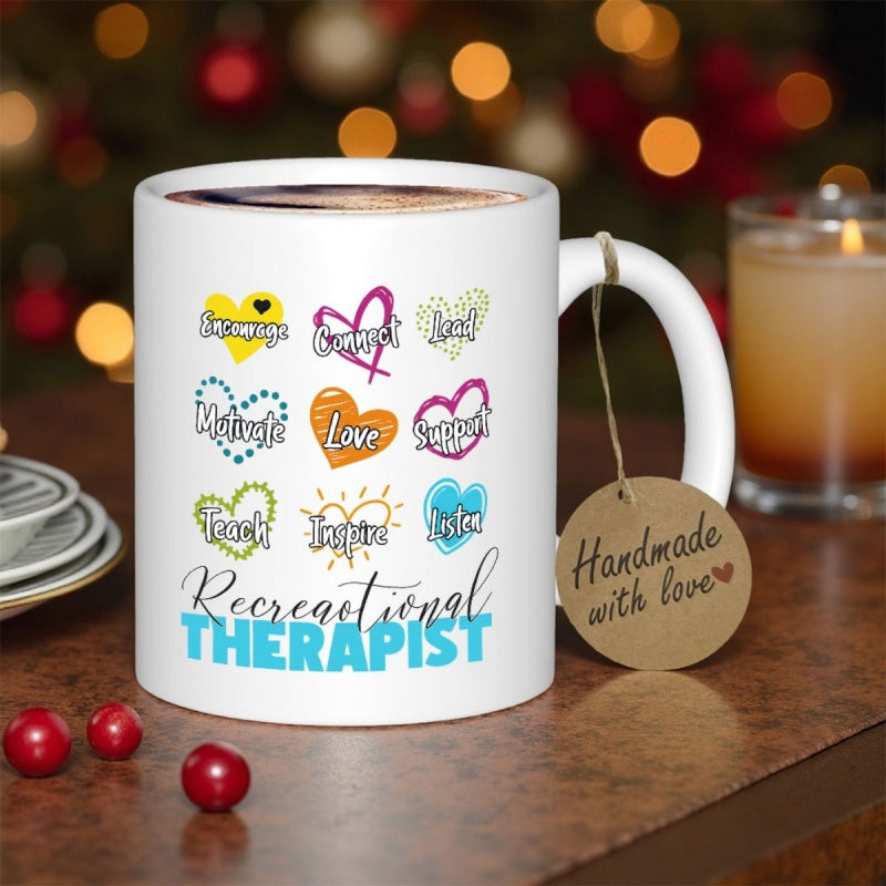 Tailorly White Ceramic 11 oz Mug - Recreational Therapist Grid Of Colorful Hearts With Small Handwritten Inspirational Words Heart