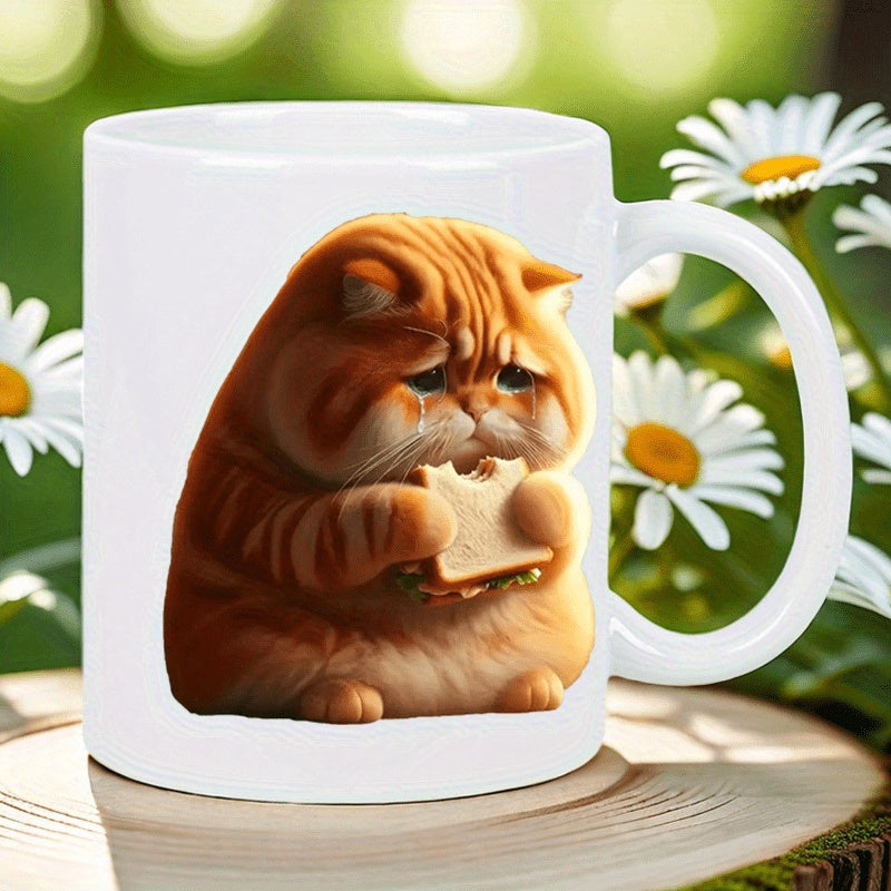 Tailorly White Ceramic 11 oz Mug - Chubby Orange Fluffy Feline Eating Bread With A Sad Tearful Expression Cat