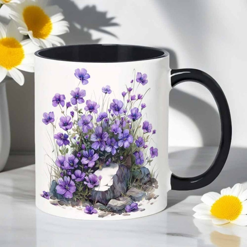 Tailorly Black Accent 11 oz Mug - purple flowers by rocks watercolor print