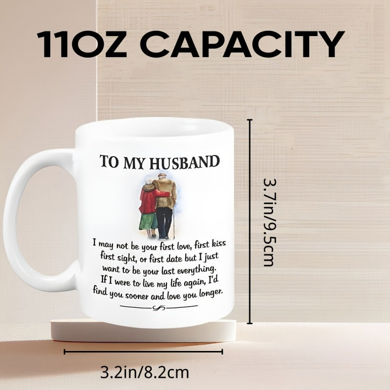 Tailorly White Ceramic 11 oz Mug - To My Husband Loving Elderly Couple Hugging Tenderly In Hand Drawn Watercolor Illustration Couple