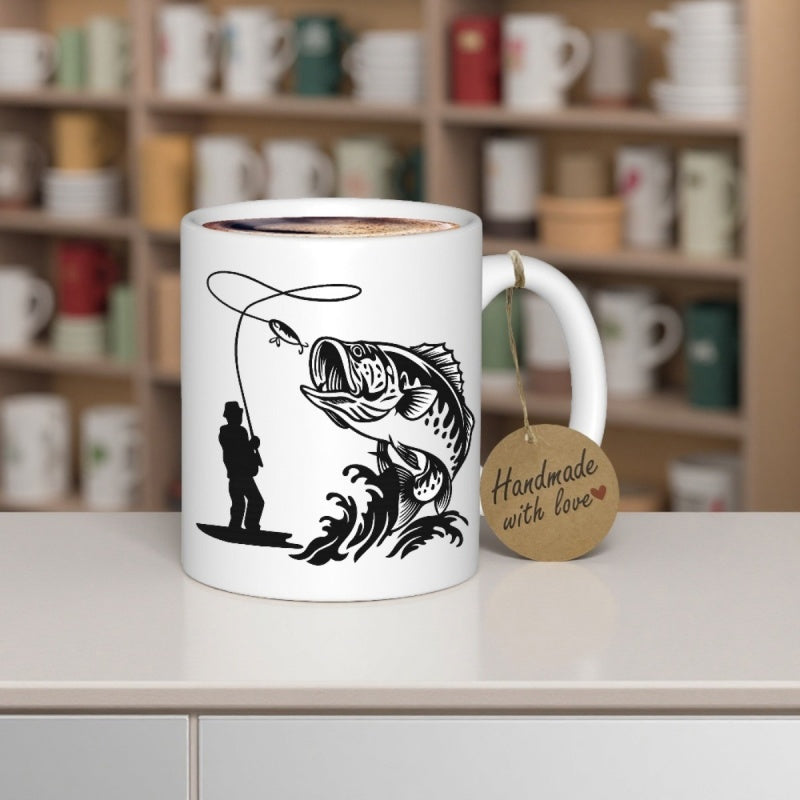 Tailorly White Ceramic 11 oz Mug - Rustic Nature Silhouette Of A Fisherman Hooking A Large Splashing Bass