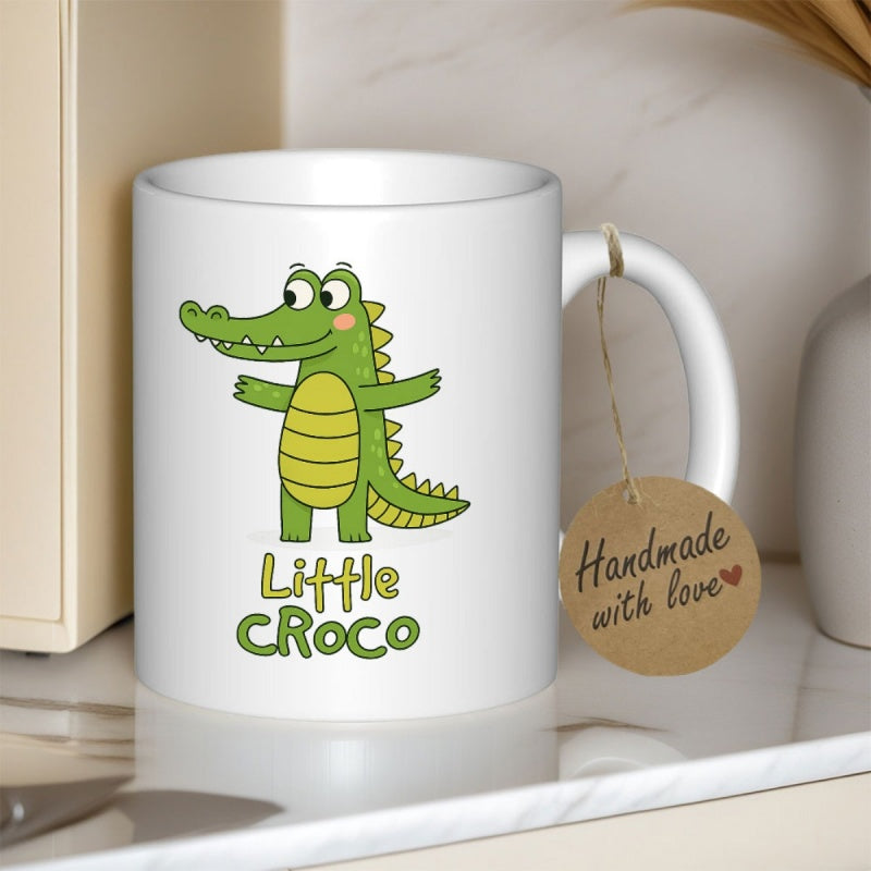 Tailorly White Ceramic 11 oz Mug - Little Croco Cute Green Cartoon Alligator Standing With Happy Smile In Minimalist Style Crocodile