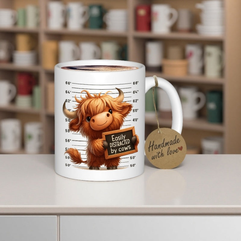 Tailorly White Ceramic 11 oz Mug - Easily Distracted By Cows Fluffy Highland Cattle Standing Before Height Chart Holding Humorous Signboard Cow