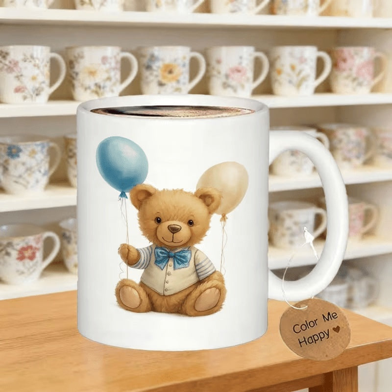 Tailorly White Ceramic 11 oz Mug - Color Me Happy Adorable Brown Teddy Bear Wearing Blue Bow Tie Holding Floating Balloons Bear