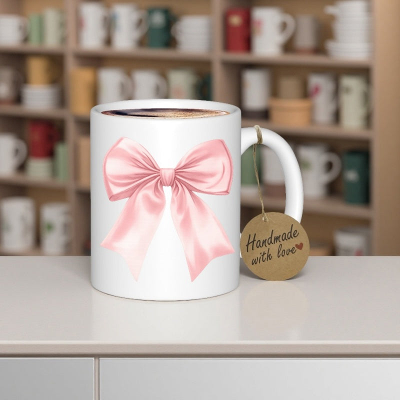 Tailorly White Ceramic 11 oz Mug - Handmade With Love Elegant Pink Satin Silk Ribbon Tied In A Delicate Soft Bow