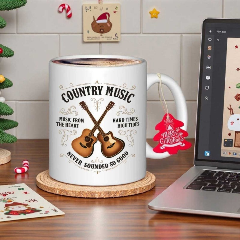 Tailorly White Ceramic 11 oz Mug - Country Music Music From The Heart Hard Times High Tides Never Sounded So Good Vintage Style Acoustic Guitars Crossed Among