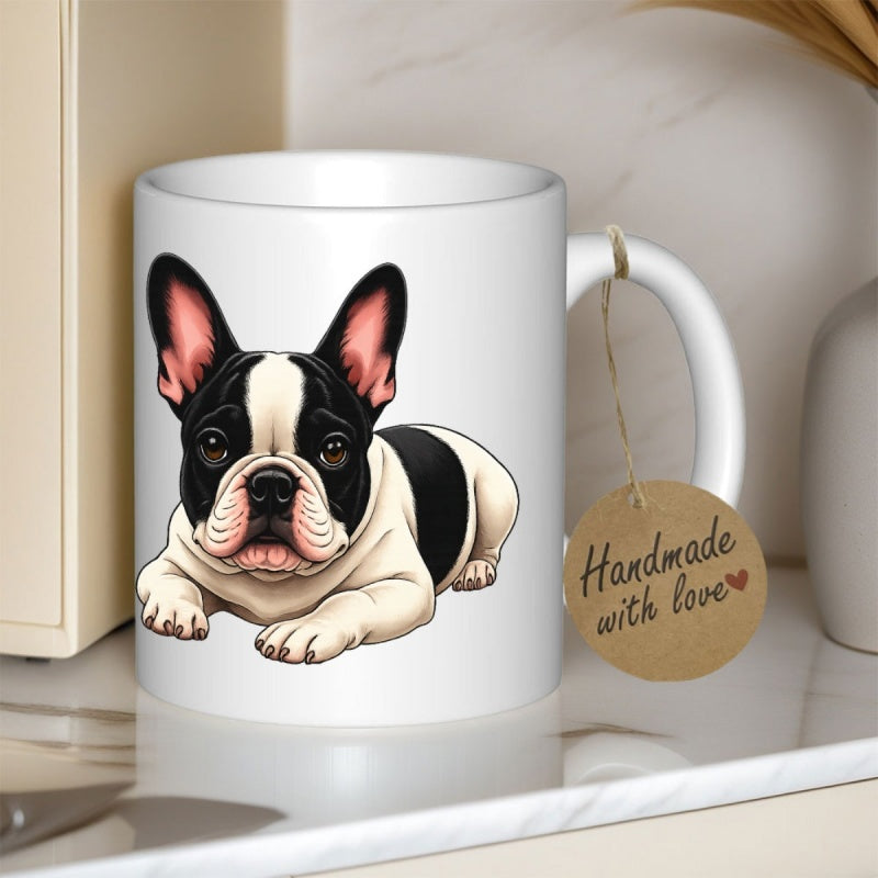 Tailorly White Ceramic 11 oz Mug - Handmade With Love Adorable Black And White Puppy Lying Comfortably French Bulldog