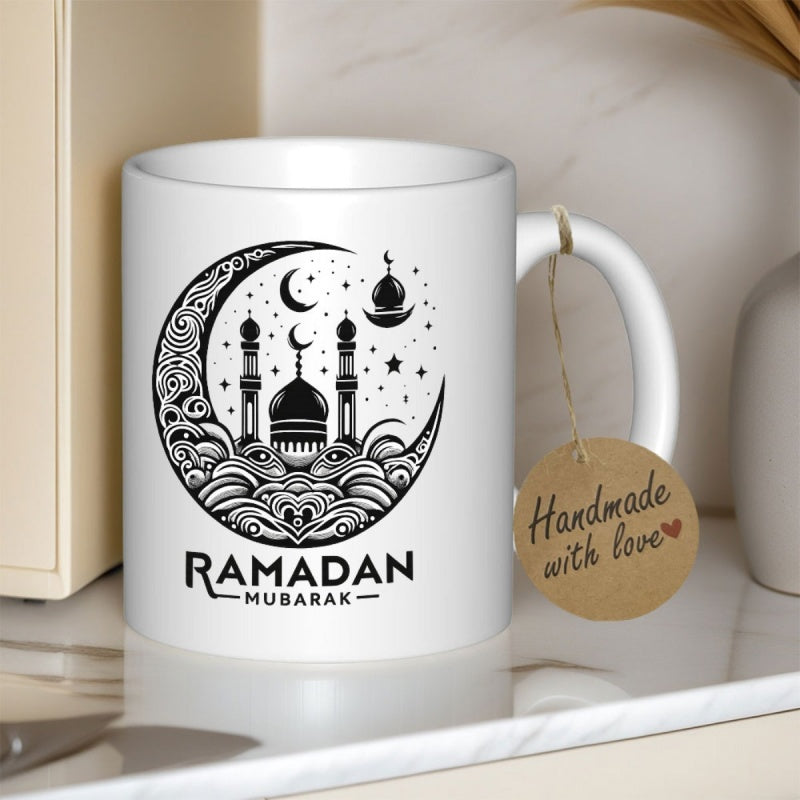 Tailorly White Ceramic 11 oz Mug - Ramadan Mubarak Ornate Moon Enclosing A Traditional Mosque Among Twinkling Stars Crescent