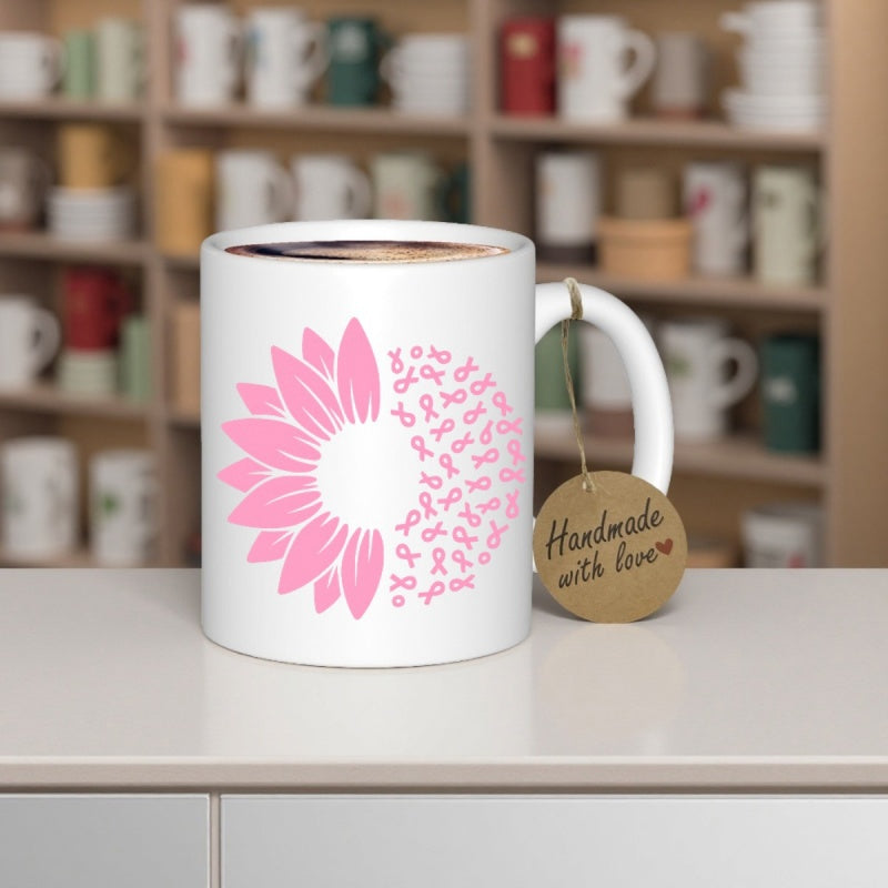Tailorly White Ceramic 11 oz Mug - Handmade With Love Pink Ribbons Creating Half Of A Beautiful Blooming Sunflower