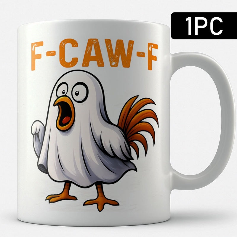 Tailorly White Ceramic 11 oz Mug - F Caw F Funny Ghost Sheet Costume Wearing Surprised Expression Halloween Rooster
