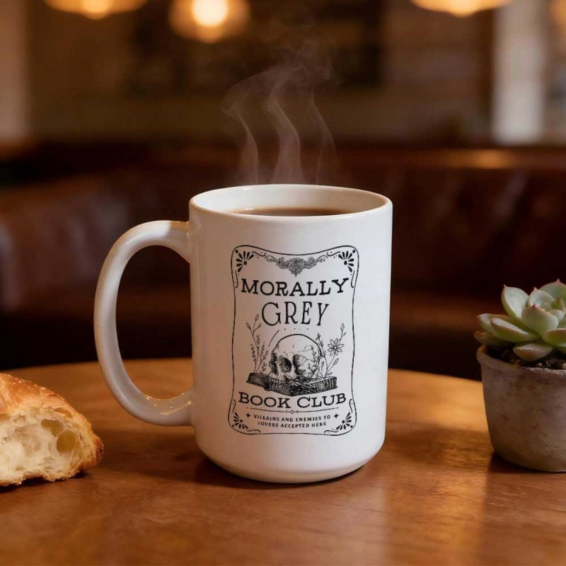 Tailorly White Ceramic 11 oz Mug - Morally Grey Book Club Ornate Vintage Frame With Delicate Floral Details Surrounding A Central Skull