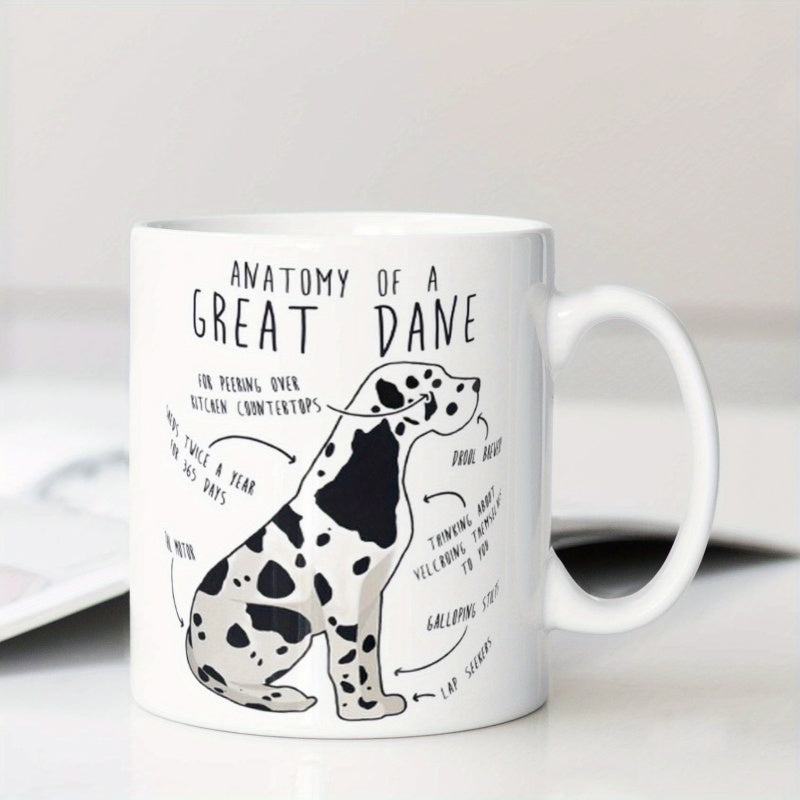 Tailorly White Ceramic 11 oz Mug - Anatomy Of A Great Dane Minimalist Illustration Featuring Hand Drawn Anatomical Markings Of A Spotted Harlequin Dog