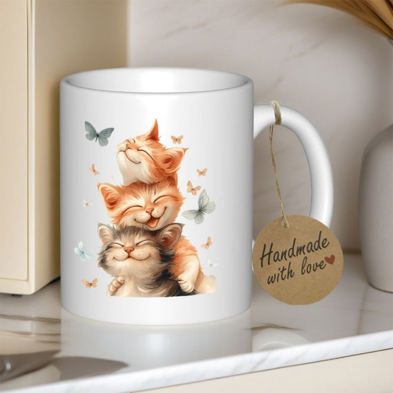 Tailorly White Ceramic 11 oz Mug - Handmade With Love Three Adorable Fluffy Kittens Stacked On Each Other Smiling Together Kittens