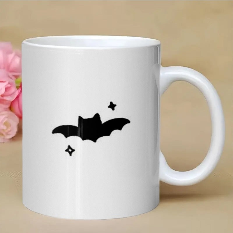 Tailorly White Ceramic 11 oz Mug - Minimalist Black Silhouette Of A Bat Flying Among Twinkling Night Stars Bat